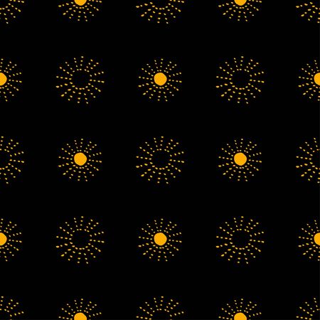 Pattern with hand drawn sun symbol stylized in folk etnic style of ancient culture. Gold yellow on black background. Seamless design.のイラスト素材