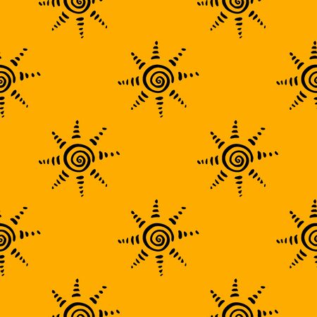 Yellow pattern with hand drawn sun symbol stylized in folk etnic style of ancient culture. Gold on black background. Seamless design. Great for fabric, scrapbooking and textile.のイラスト素材