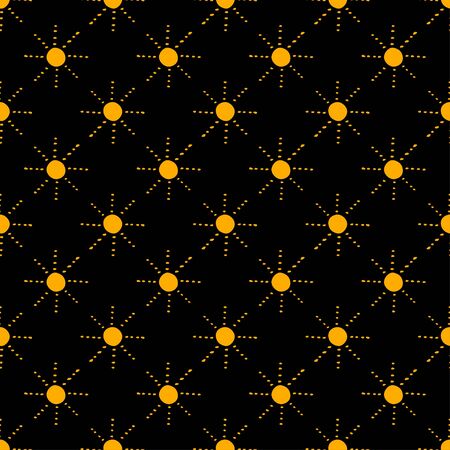 Pattern with hand drawn sun symbol stylized in folk etnic style of ancient culture. Gold yellow on black background. Seamless design. Great for fabric, scrapbooking and textile.のイラスト素材