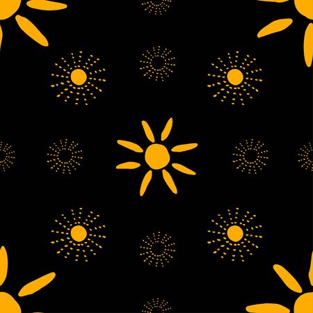 Pattern with hand drawn sun symbol stylized in folk etnic style of ancient culture. Gold yellow on black background. Seamless design. Great for fabric, scrapbooking and textile.のイラスト素材