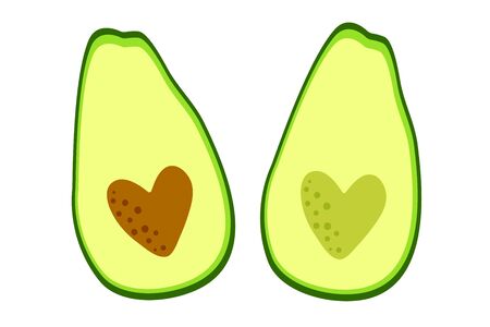 Avocado icons with heart seed. Funny illustration in flat cartoon style. Great as symbol for healthy eating and diet. Vector designのイラスト素材