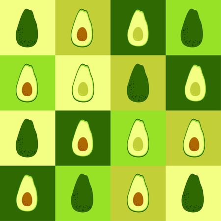 Cute avocado poster made of seamless pattern with whole avocado and half cut fruit. Trendy wallpaper and fashion print. Cartoon flat design. Vectorのイラスト素材