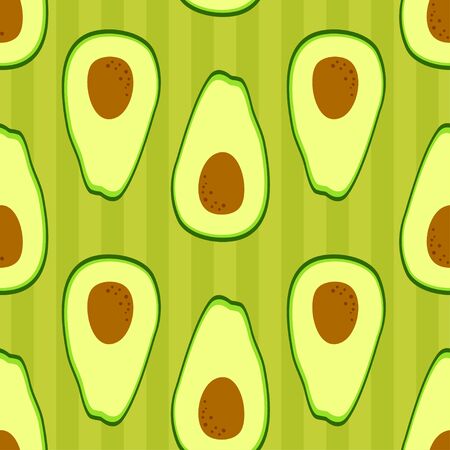 Avocado wallpaper pattern. Seamless design with half cut avocado on striped background. Simple cute cartoon fruit. Healthy diet food. Vectorのイラスト素材