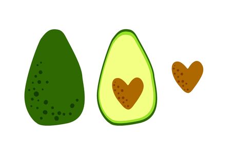 Avocado icons with heart seed. Funny illustration in flat cartoon style. Great as symbol for healthy eating and diet. Vector designのイラスト素材