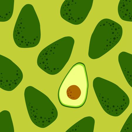 Cute avocado seamless pattern on green background. Whole fruit and half cut with avocado seed. Simple cartoon style. Modern fashion print. Vectorのイラスト素材