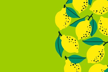Lemon fruit background with citrus drawing. Summer tropical concept template to place text for healthy eating, quote or recipe. Bright horizontal banner. Flat lay of top view. Vector illustration.のイラスト素材