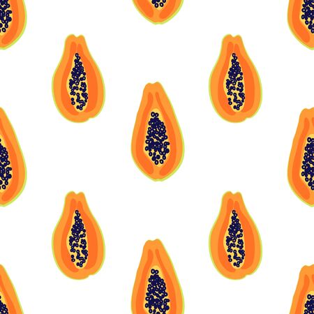 Papaya fruit pattern. Seamless summer tropical background. Bright kitchen, home decor or healthy eating design. Cartoon flat design. Vectorのイラスト素材