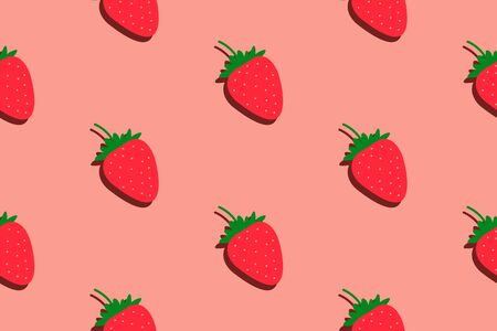 Strawberry pattern. Seamless summer background. Bright kitchen, home decor or healthy eating design with cute berry drawing. Cartoon flat design. Vectorのイラスト素材
