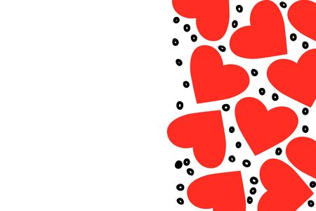 Love background with drawn red hearts. Red color template to place text for quote, love, marriage and wedding topic. Horizontal banner. Flat lay of top view. Vector heartsのイラスト素材