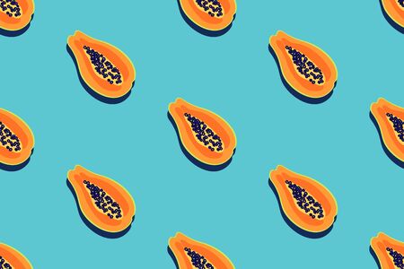 Papaya fruit pattern. Seamless summer tropical background. Bright kitchen, home decor or healthy eating design. Cartoon flat design. Vectorのイラスト素材