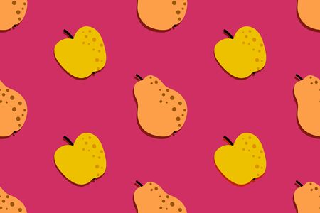 Apple and pear fruit pattern. Seamless autumn background. Bright kitchen, home decor or healthy eating design. Cartoon flat design. Vectorのイラスト素材