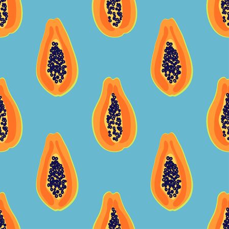 Papaya fruit pattern. Seamless summer tropical background. Bright kitchen, home decor or healthy eating design. Cartoon flat design. Vectorのイラスト素材