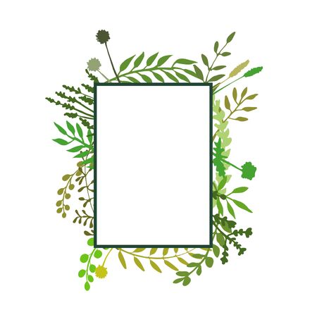Floral frame great to place any text, quote. Border made of hand drawn greenery, flowers, twigs, herbs. Banner design great for spring or summer rustic theme. Vectorのイラスト素材