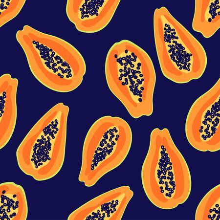 Papaya fruit pattern. Seamless summer tropical background. Bright kitchen, home decor or healthy eating design. Cartoon flat design. Vectorのイラスト素材