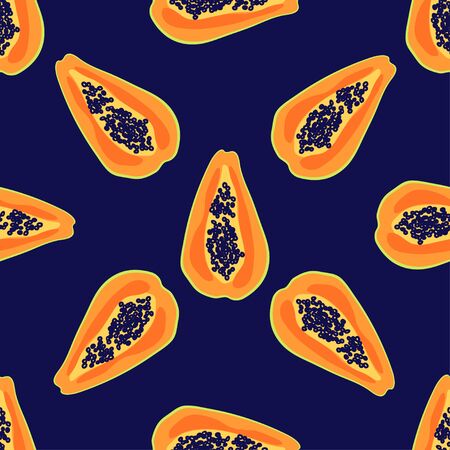 Papaya fruit pattern. Seamless summer tropical background. Bright kitchen, home decor or healthy eating design. Cartoon flat design. Vectorのイラスト素材