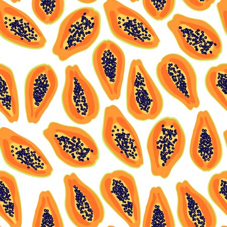Papaya fruit pattern. Seamless summer tropical background. Bright kitchen, home decor or healthy eating design. Cartoon flat design. Vectorのイラスト素材
