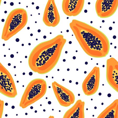 Papaya fruit pattern. Seamless summer tropical background. Bright kitchen, home decor or healthy eating design. Cartoon flat design. Vectorのイラスト素材