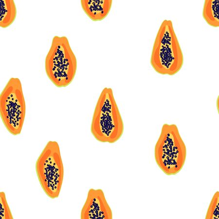 Papaya fruit pattern. Seamless summer tropical background. Bright kitchen, home decor or healthy eating design. Cartoon flat design. Vectorのイラスト素材