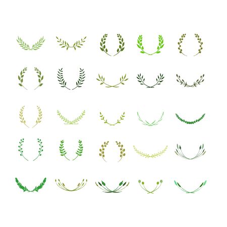 Laurel wreath bundle. Made of hand drawn greenery, wild flowers and field herbs. Green silhouettes isolated on white. Botanical drawing. Vector illustration. Graphicのイラスト素材
