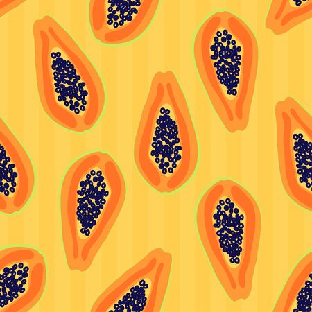 Papaya fruit pattern. Seamless summer tropical background. Bright kitchen, home decor or healthy eating design. Cartoon flat design. Vectorのイラスト素材