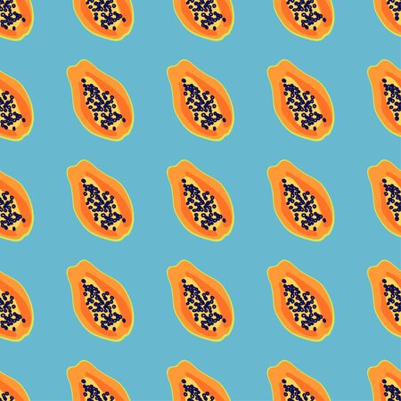 Papaya fruit pattern. Seamless summer tropical background. Bright kitchen, home decor or healthy eating design. Cartoon flat design. Vectorのイラスト素材