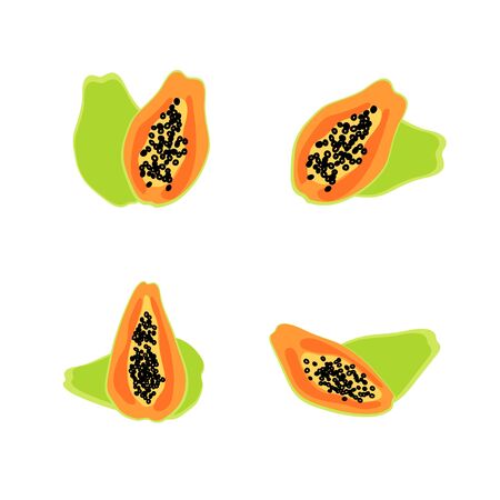 Papaya set. Whole and half cut tropical fruit with seeds. Great as icon or design element for labels and packaging. Cartoonのイラスト素材