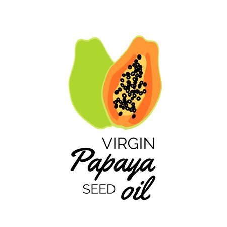 Papaya seed oil label. Whole and half of ripe fruit. Vector cartoon design. Illustration isolatedのイラスト素材