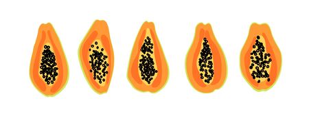 Papaya set. Ripe fruit half cut with seeds. Vector drawn icons isolated on white. Cartoon flat design. Colorful illustration. Bright tropicalのイラスト素材