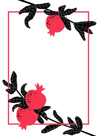 Pomegranate branches for template with text. Red fruits hanging on twig with leaves. Summer fruit background template for invitation, poster and banner. Botanical illustration.のイラスト素材