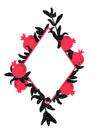 Pomegranate template for wedding invitation. Botanical background frame for Jewish traditional celebration. Red fruit and leaves drawing. Vectorのイラスト素材