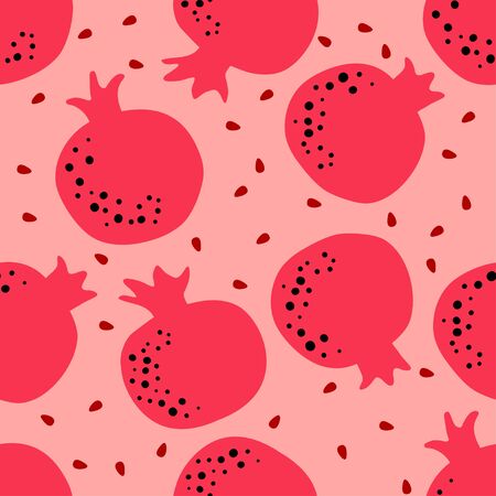 Pomegranate background. Fruit seamless pattern with whole fruit and seeds. Wallpaper art. Simple cute illustration in cartoon flat style. Vectorのイラスト素材