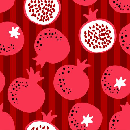 Pomegranate pattern on striped background. Repeat design for wallpaper, fabric and digital paper. Whole and half fruit drawing. Simple cute illustration in cartoon flatのイラスト素材