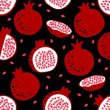 Pomegranate pattern. Fruit seamless background. Repeat design for wallpaper, fabric and digital paper. Whole and half fruit drawing. Simple cute illustration in cartoon flatのイラスト素材