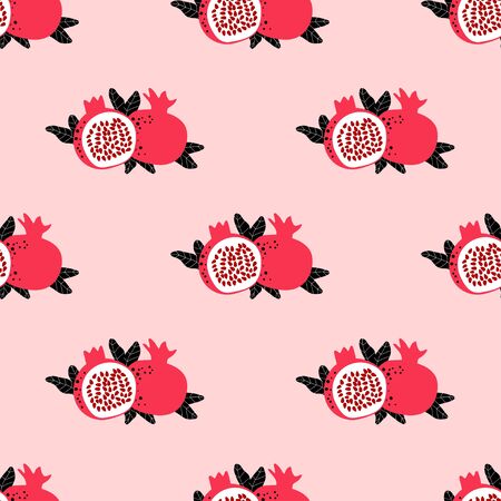 Pomegranate pattern. Seamless design with whole and half fruit and leaves. Simple cute illustration in cartoon flat style. Vectorのイラスト素材