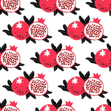 Pomegranate pattern with whole and half fruits and leaves. Seamless design great for home decor fabric, kitchen cloth and scrapbook digital paper. Simple cute illustration in cartoon flatのイラスト素材