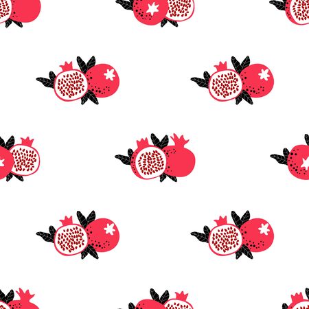 Pomegranate pattern with whole and half fruits and leaves. Seamless design great for home decor fabric, kitchen cloth and scrapbook digital paper. Simple cute illustration in cartoon flatのイラスト素材