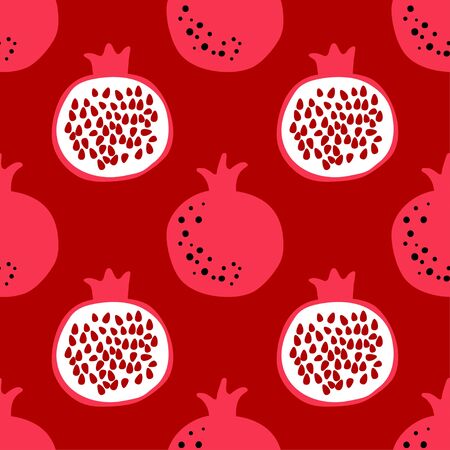Pomegranate pattern. Seamless design with whole and half fruit. Simple cute illustration in cartoon flat style. Vectorのイラスト素材