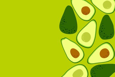 Avocado background. Healthy diet template to place text. Whole fruit and half cut avocado. Simple cartoon flat design. Vectorのイラスト素材