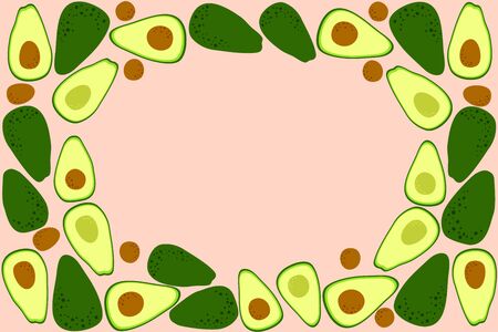 Avocado background. Healthy diet template to place text. Whole fruit and half cut avocado. Simple cartoon flat design. Vectorのイラスト素材