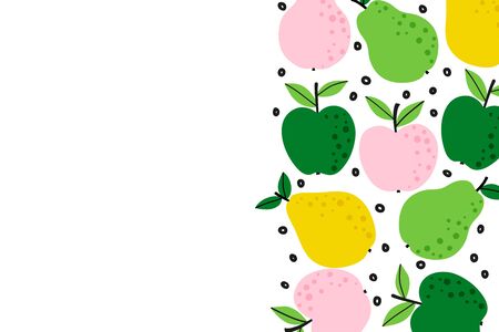Fruit background with apple and pear drawing. Summer color template to place text for healthy eating or quote. Horizontal banner. Flat lay of top view in cartoon style. Vector illustration.のイラスト素材