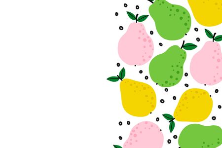 Fruit background with cute pear drawing. Summer color template to place text for healthy food eating, quote or recipe. Horizontal banner. Flat lay of top view in cartoon style. Vector illustration.のイラスト素材