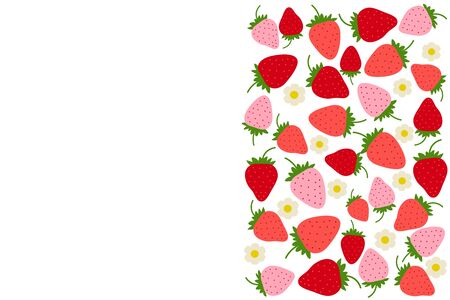 Fruit background with strawberry drawing. Summer color template to place text for healthy food eating, quote or recipe. Bright horizontal banner. Flat lay of top view. Vector berry illustration.のイラスト素材