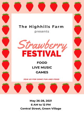 Strawberry border background template with pink sweet juicy berry drawings. Great for invitation, farmers market, food sales or festival. Cute cartoon flat design. Vector illustration.のイラスト素材
