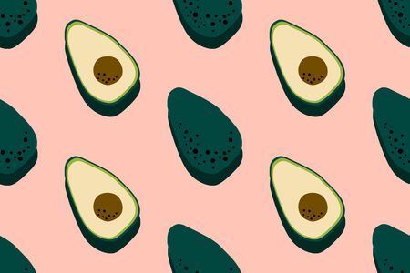 Avocado pink pattern. Seamless food background. Bright kitchen, home decor or healthy eating design. Cartoon flat design. Vectorのイラスト素材