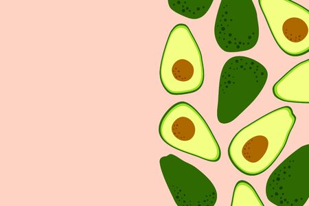 Avocado pink background with cute avocado drawing. Food template to place text for healthy food eating, quote or recipe. Bright horizontal banner. Flat lay in cartoon style. Vector illustration.のイラスト素材