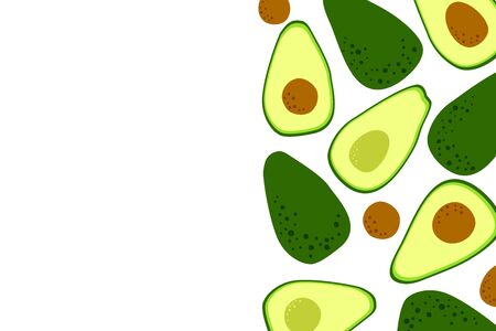 Avocado minimal food background with cute vegetable drawing. Template to place text for healthy food eating, quote or recipe. Bright horizontal banner. Flat lay in cartoon style. Vector illustrationのイラスト素材