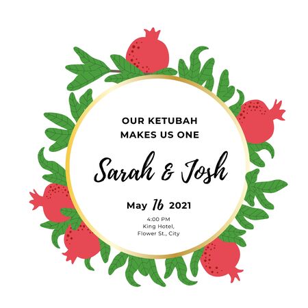 Pomegranate round template for wedding invitation. Botanical wreath background. Circle frame for Jewish traditional celebration. Red fruit and green leaves drawing. Vector illustrationのイラスト素材