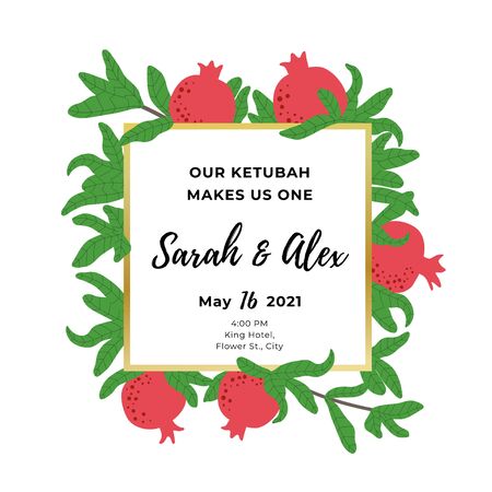 Pomegranate template for wedding invitation. Botanical background. Square frame for Jewish traditional celebration. Red fruit and green leaves drawing. Vectorのイラスト素材