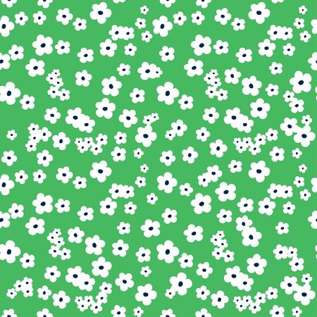 Cute floral seamless pattern with tiny white flowers on fresh green background. Ditsy design for fabric and textile.のイラスト素材