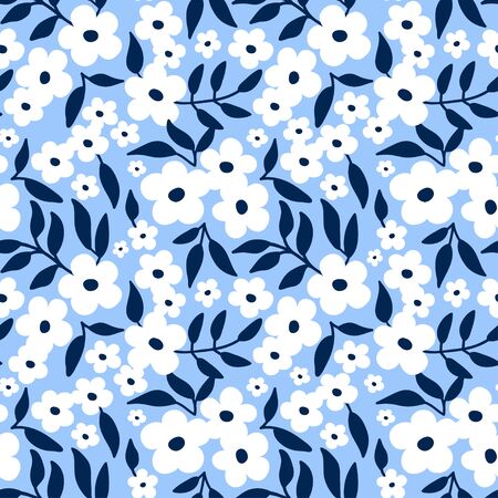 Floral seamless pattern. Ditsy print with small white flowers and leaves on blue background. Vector design great for spring fabric and home decorのイラスト素材